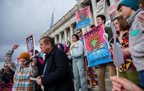 (Trent Nelson | The Salt Lake Tribune) Former chairman of the Northwestern Band of the Shoshone Nation Darren Parry speaks at a "Rally to Save Our Great Salt Lake" at the Capitol building in Salt Lake City on Saturday, Jan. 14, 2023.